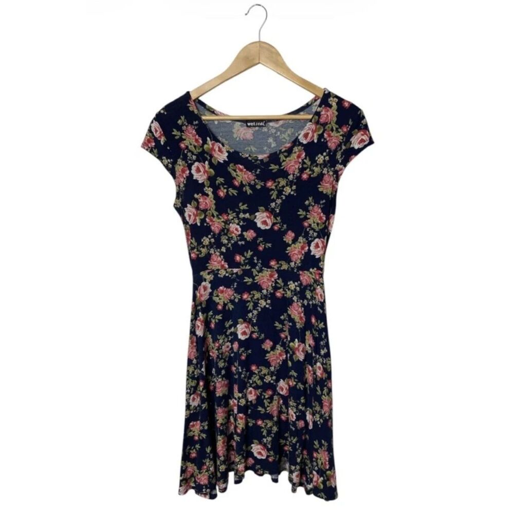 Y2K Wet Seal Womens M Floral Fit & Flare Dress Navy Pink Rose Skater Stretch